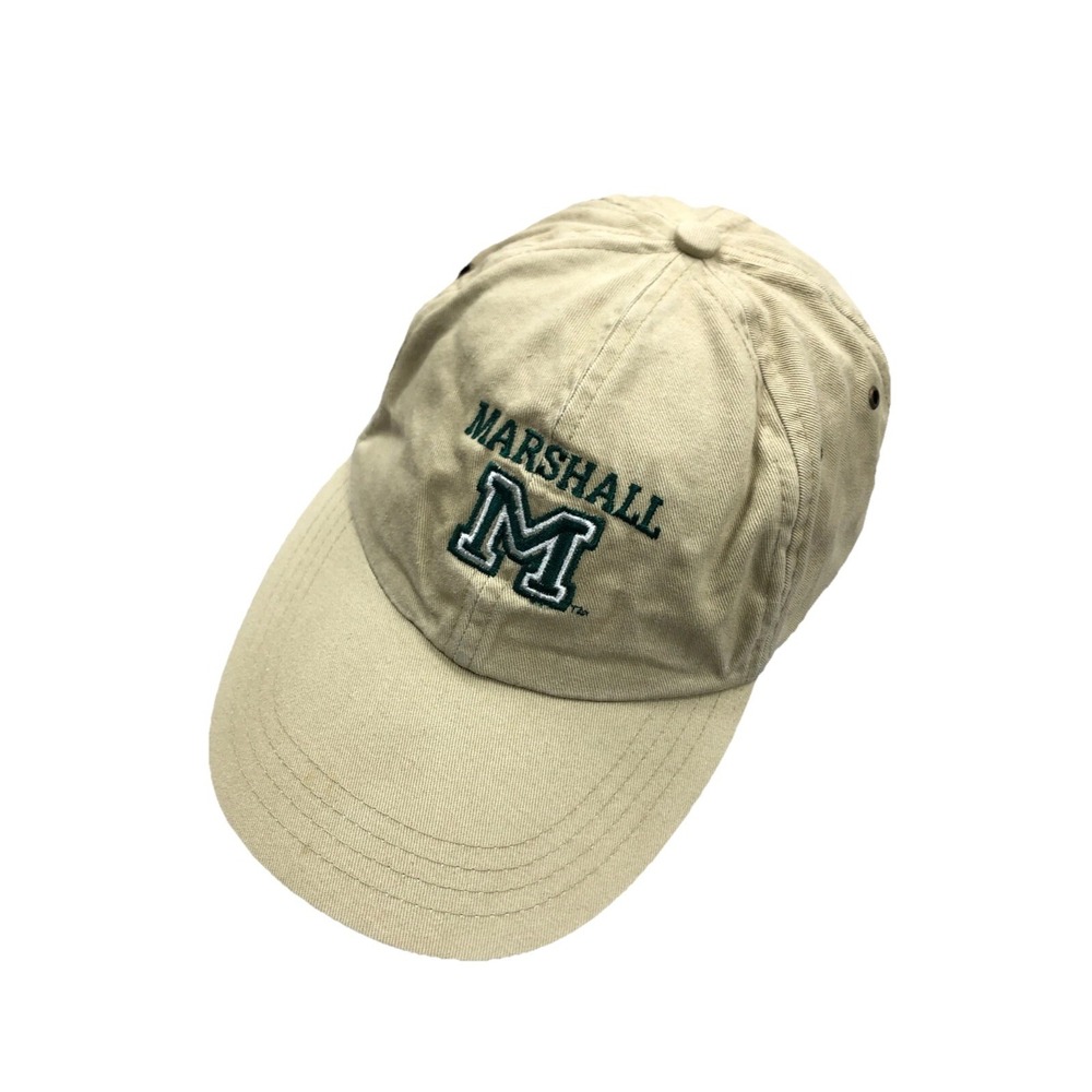 Vintage Marshall Thundering Herd Hat Cap Tan Khaki Strap Back Long Bill Dad Mens